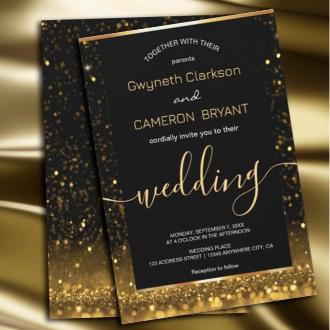 Modern lyxjakt på Guld Black Sparkles-inbjudan Inbjudningar (#zazzlemade #wedding #weddinginvitation #goldinvitation)