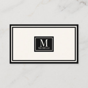 Modern lyxmonogram svart/elfenbensfärgad kant QR-k Visitkort