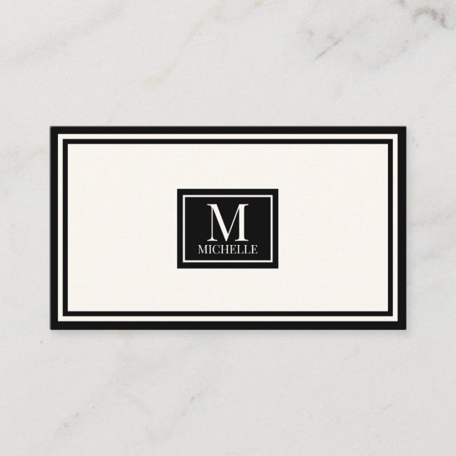 Modern lyxmonogram svart/elfenbensfärgad kant QR-k Visitkort (Framsida)