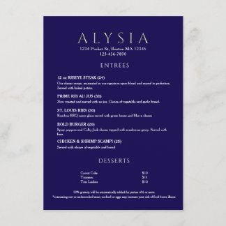 Modern Lyxnav Floral Restaurang Meny