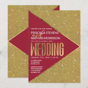 Modern lyxrött Guld Glitter-geometrisk Bröllop Inbjudningar