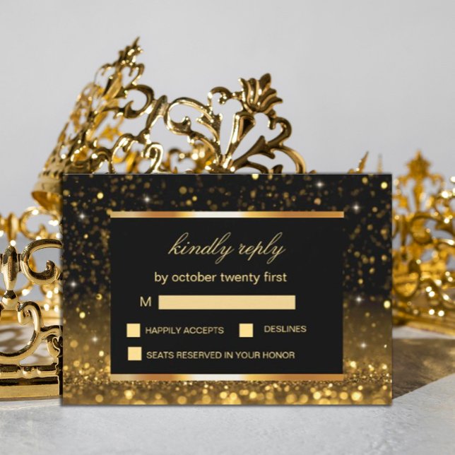 Modern lyxur Guld Black Sparkles OSA Kort (#zazzlemade #weddings gold, #rsvpcard  #gold and black #sparklescard)
