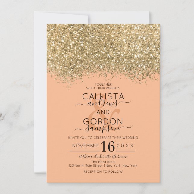 Modern lyxur Guld Coral Glitter Confetti Bröllop Inbjudningar (Framsida)