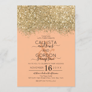 Modern lyxur Guld Coral Glitter Confetti Bröllop Inbjudningar