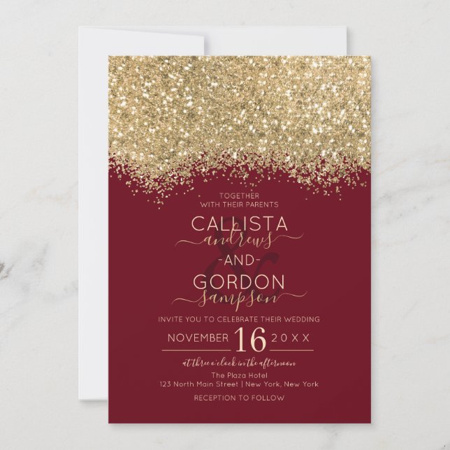 Modern lyxur Guld Red Glitter Confetti Bröllop Inbjudningar (Framsida)
