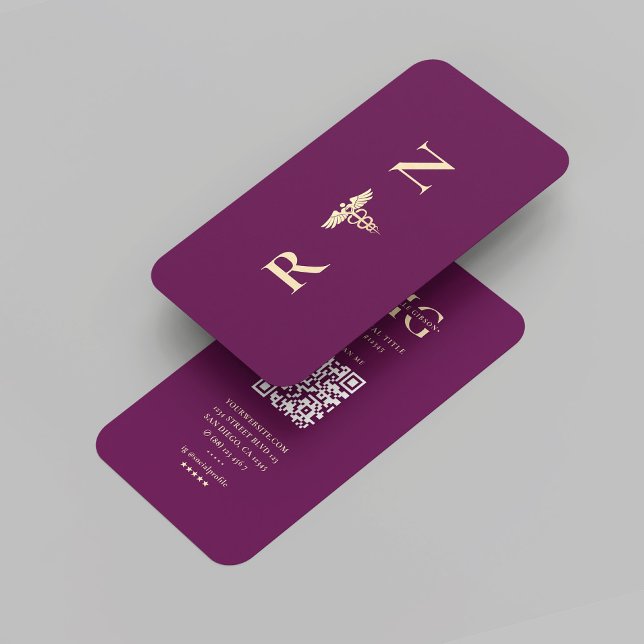 Modern lyxur Lila Guld RN Monogram Nurse Visitkort (Modern Luxury Purple Gold RN Monogram Nurse Business Card
)