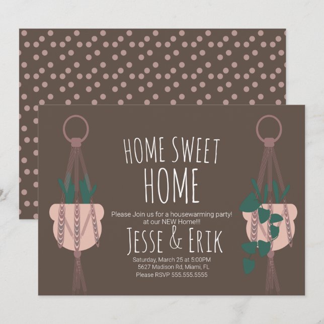 Modern Macrame Plant Hanger Planter House Warming Inbjudningar (Fram/baksida)