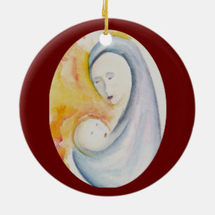 Modern Madonna och barn Djupröd Glädje åt världen Julgransprydnad Keramik