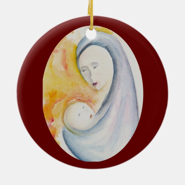 Modern Madonna och barn Djupröd Glädje åt världen Julgransprydnad Keramik (Baksidan)
