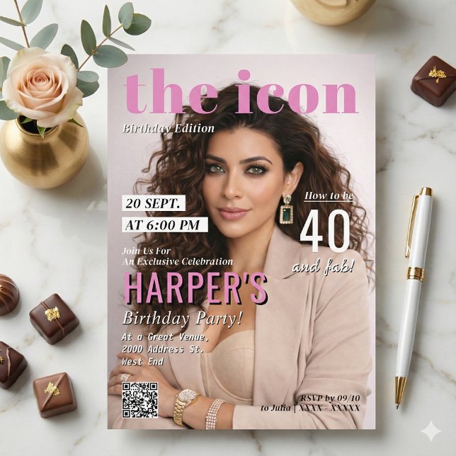 Modern Magazine Cover Photo Birthday Party Inbjudningar (Make your birthday celebration headline news with this chic and modern magazine cover invitation! )