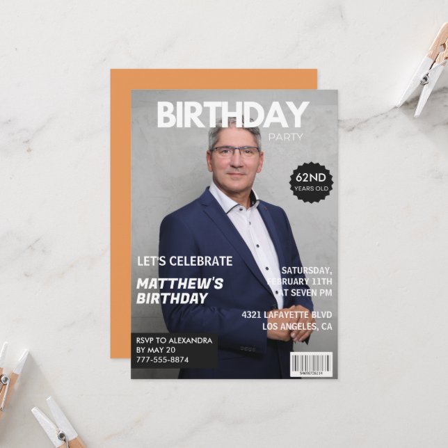 Modern magazintäckning för honom 62 år inbjudningar (Fram/Back In Situ)
