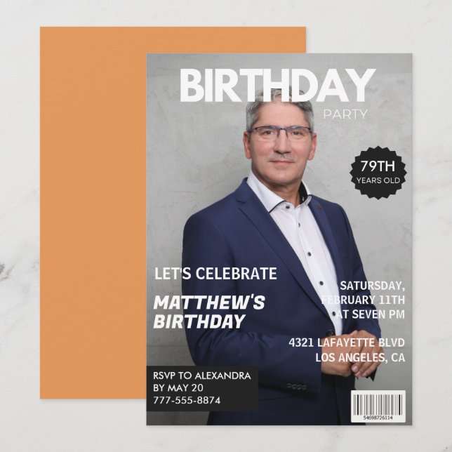 Modern magazintäckning för honom Foto 79 år Inbjudningar (Fram/baksida)