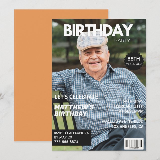 Modern magazintäckning för honom Foto 88: e födels Inbjudningar (Fram/baksida)