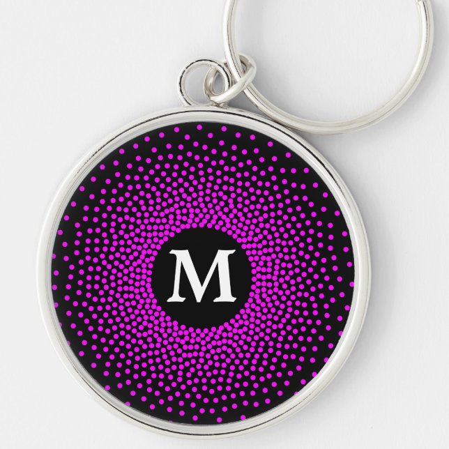 Modern Magenta Dot Mönster med MONOGRAM-nyckelkedj Rund Silverfärgad Nyckelring (Framsidan)