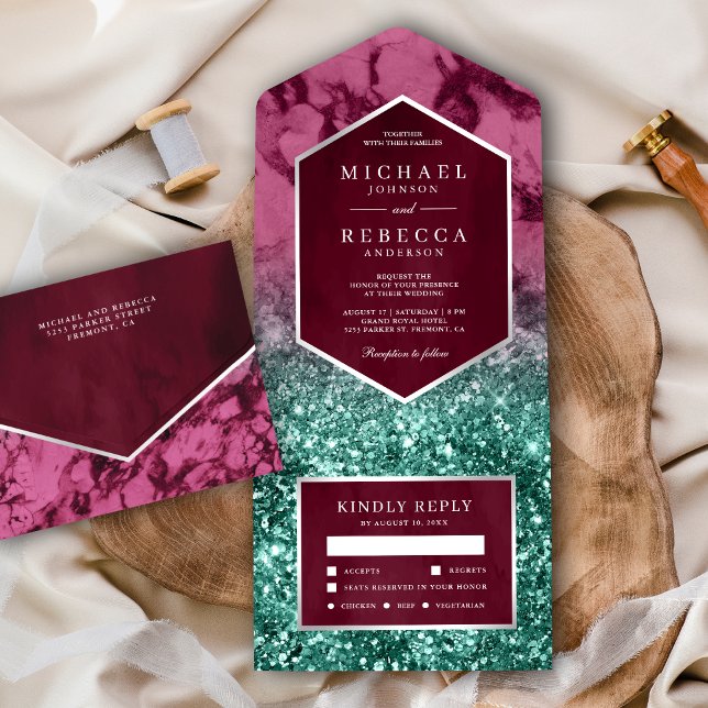 Modern Magenta Marmor Teal Glitter Bröllop (Skapare uppladdad)