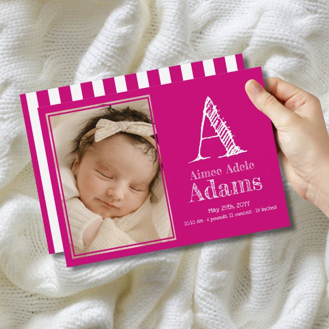 Modern Magenta Monogram Birth Stats Photo Meddelande (Skapare uppladdad)