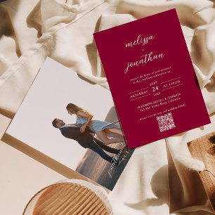 Modern Magenta Röd Foto Skrift QR-kod Bröllop Inbjudningar