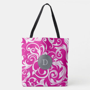 Modern Magenta Rosa Grått Blommigt Tapet Monogram Tygkasse