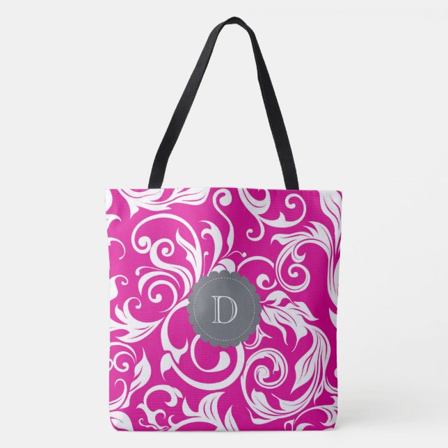 Modern Magenta Rosa Grått Blommigt  Tapet Monogram Tygkasse (Framsida)