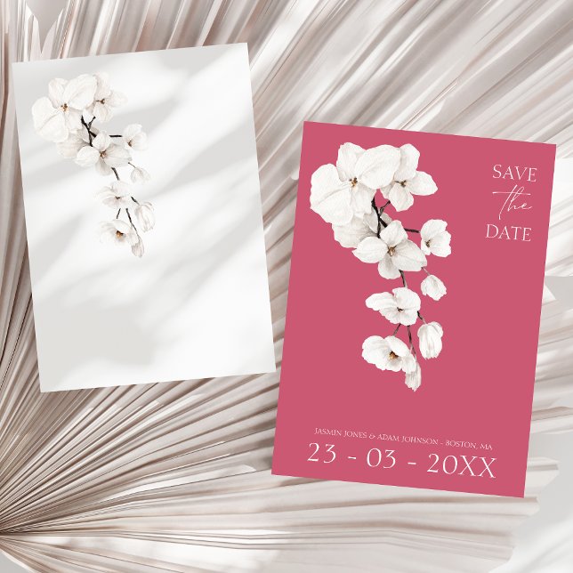 Modern Magenta Rosa Vit Orkidé Blommig Spara Datumet (Modern Magenta Pink White Orchids Flowers Wedding Save The Date)