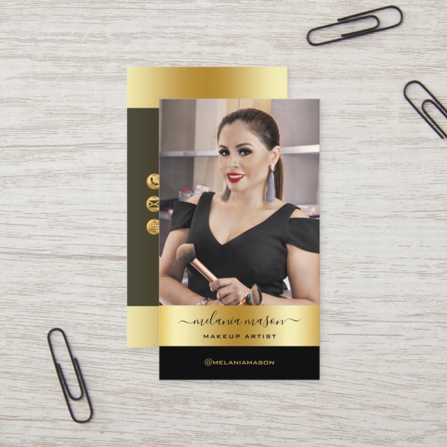 Modern Makeup Artist Black Guld Anpassningsbar Pho Visitkort (Fram/Back In Situ)