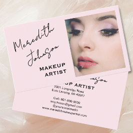 Modern Makeup Artist Pink Black Script Photo   Visitkort