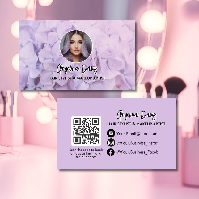 Modern makeup floral purple photo qr code visitkort (Skapare uppladdad)