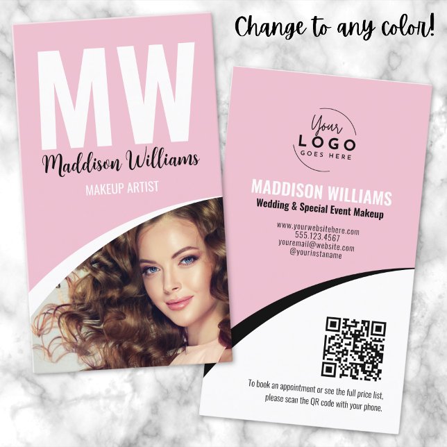 Modern Makeup Photo Logotyp Rosa Monogram Visitkort (Pink Photo Modern Makeup QR Code Logo Monogram Business Card)