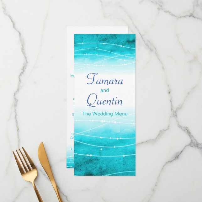 Modern målad abstrakt havsblå bröllop-meny meny (Fram/Back In Situ)