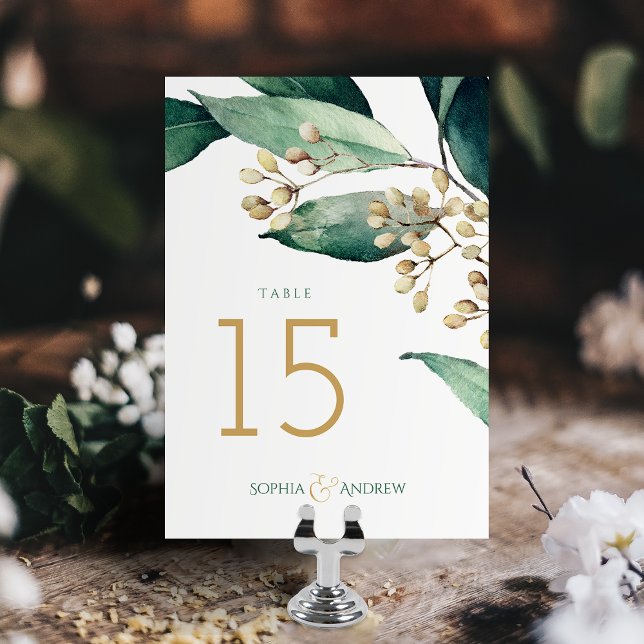 Modern målad botanisk greenery rustic bröllop bordsnummer (Modern painted botanical greenery rustic wedding table number card)