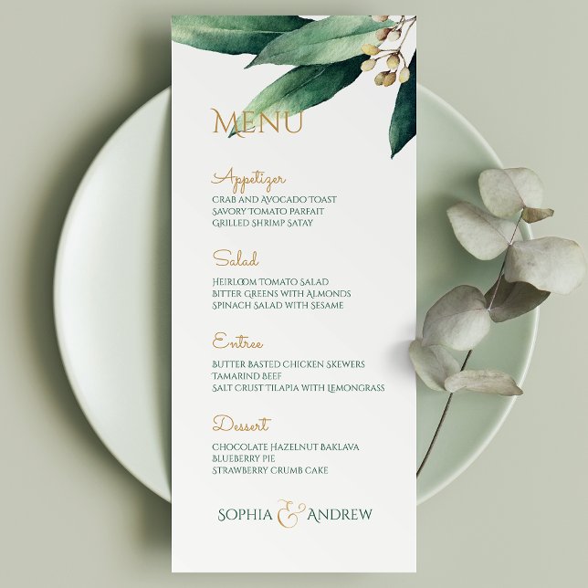 Modern målad botanisk greenery rustic bröllop meny (Modern painted botanical greenery rustic wedding menu)
