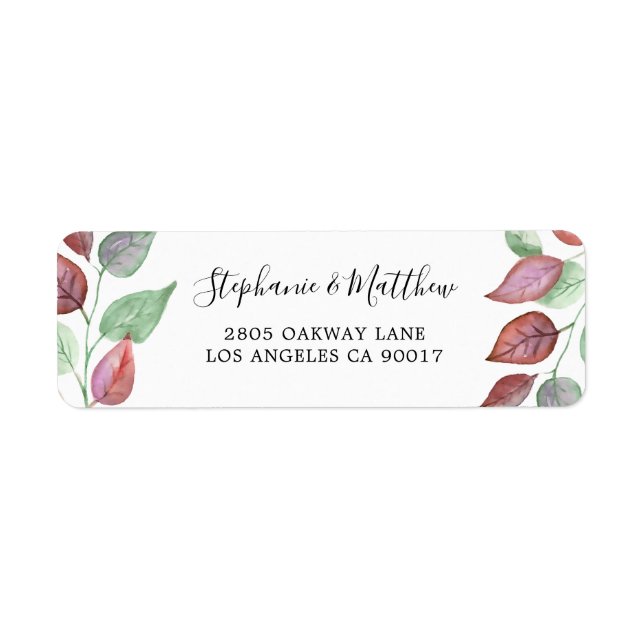 Modern målad burgundy Löv Watercolor Foliage Returadress Etikett (Framsidan)