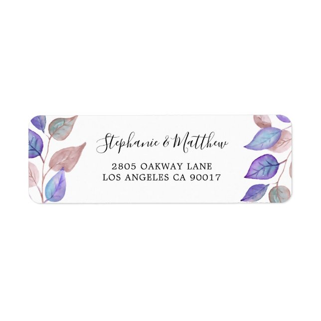 Modern målad Lila Löv Watercolor Foliage Returadress Etikett (Framsidan)