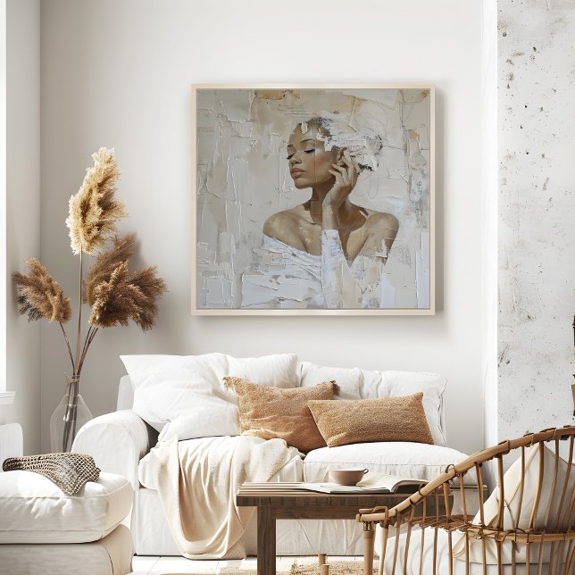 Modern målarteckning i Mode Porträtt Poster (Modern Fashion Portrait Painting Wall Art in a beautiful neutral boho living room.)