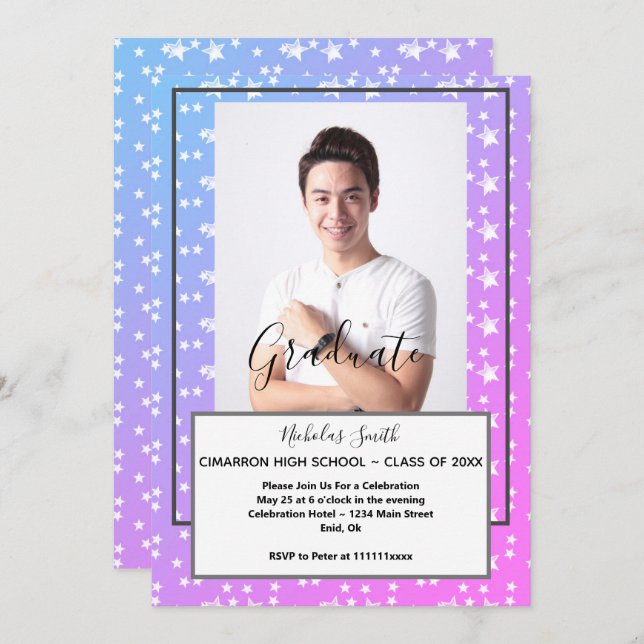 MODERN MALE GRAD BLUE STARS | STUDENTFEST INBJUDNINGAR (Fram/baksida)