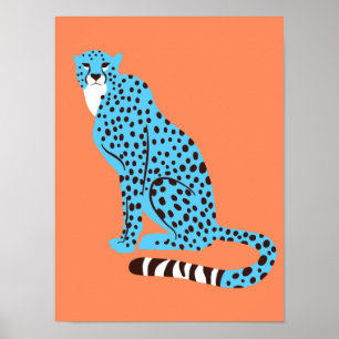 Modern Malibu Blue Cheetah på Salmon Orange Poster