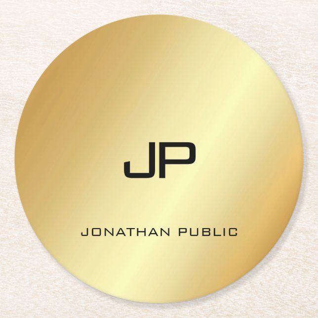 Modern mall för monogrammad Elegant Faux Guld Underlägg Papper Rund (Framsidan)