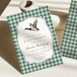 Modern Mallard Duck Neutral Gingham Baby Shower Inbjudningar