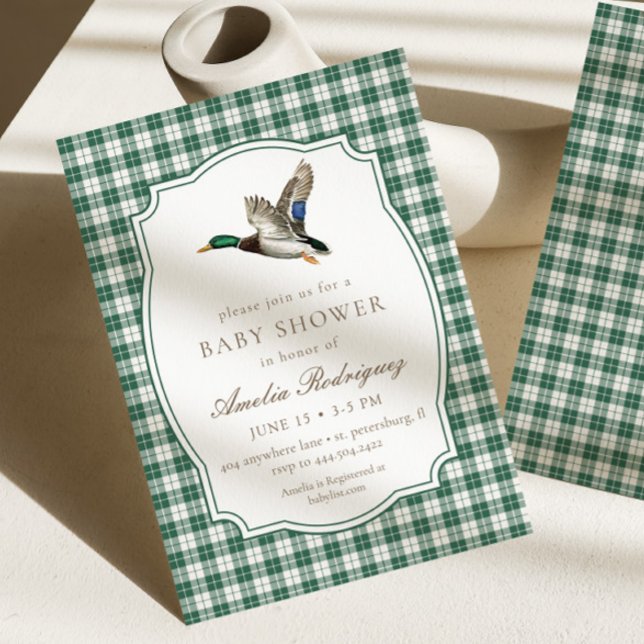Modern Mallard Duck Neutral Gingham Baby Shower Inbjudningar (Skapare uppladdad)
