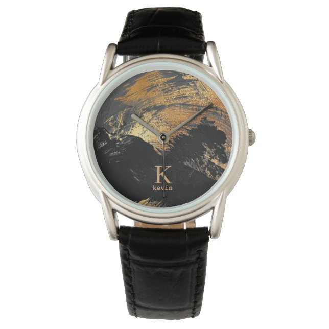 Modern man monogramnamn svart guld personlig armbandsur (Framsida)