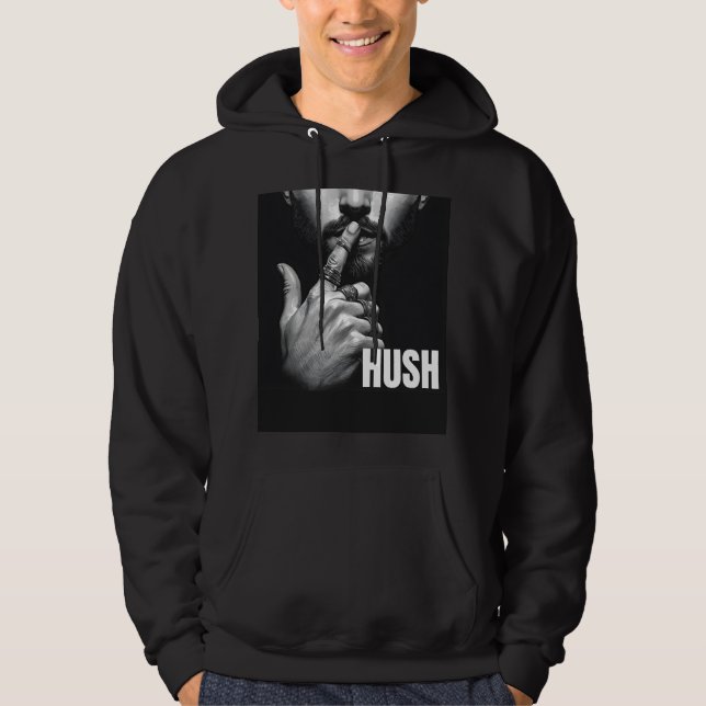 Modern Man Shushing Gesture HUSH Graphic Hoodie (Framsida)