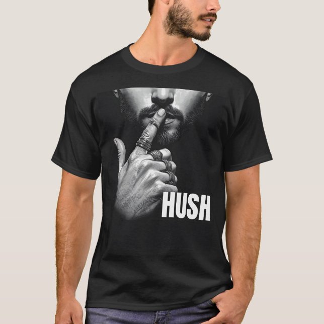 Modern Man Shushing Gesture HUSH Graphic T Shirt (Framsida)