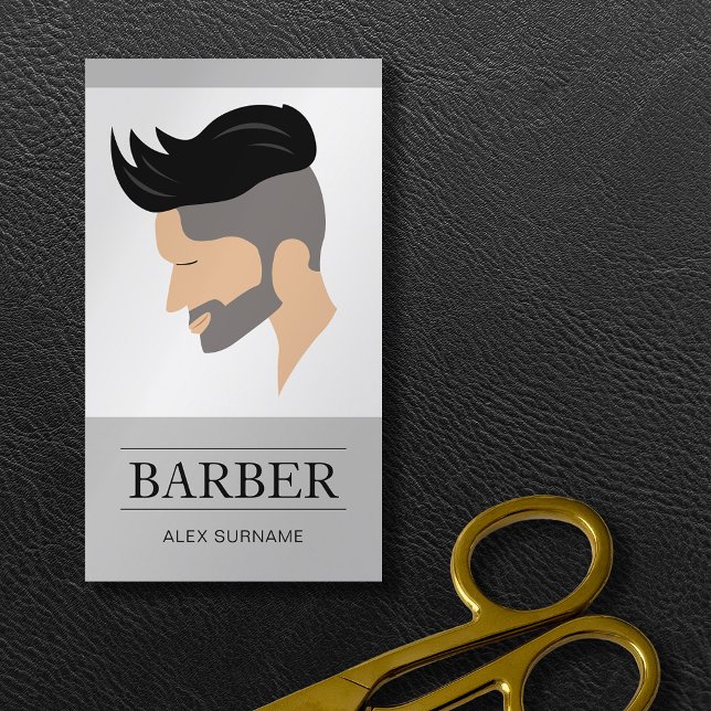Modern Manar Hair Stil Illustration Grått Barber Visitkort (Business card design for barbers and hairdressers.)