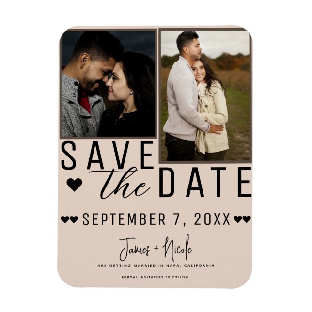 Modern Mandel Bisque Save the Date 2 Foto Bröllop Magnet (Vertikal)