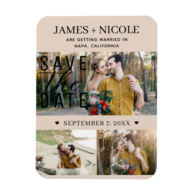 Modern Mandel Bisque Save the Date Bröllop 3 Foto Magnet (Vertikal)