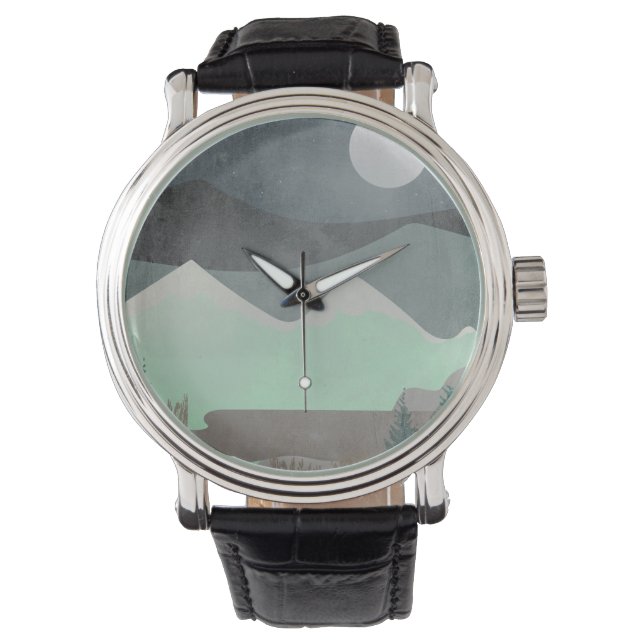 Modern måne och berg Abstrakt landskapskonst Armbandsur (Framsida)
