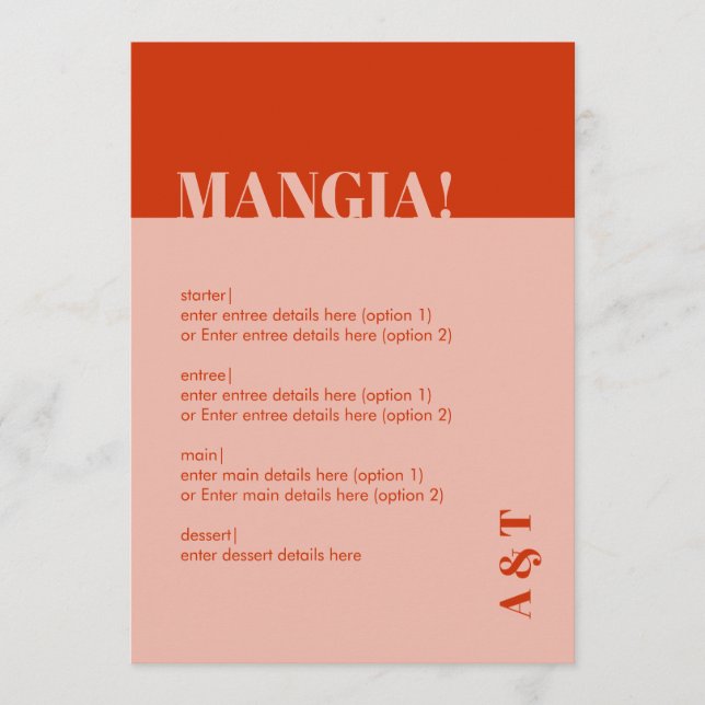 Modern Mangia Italia Burnt Orange Bröllop Menu Program (Framsida)