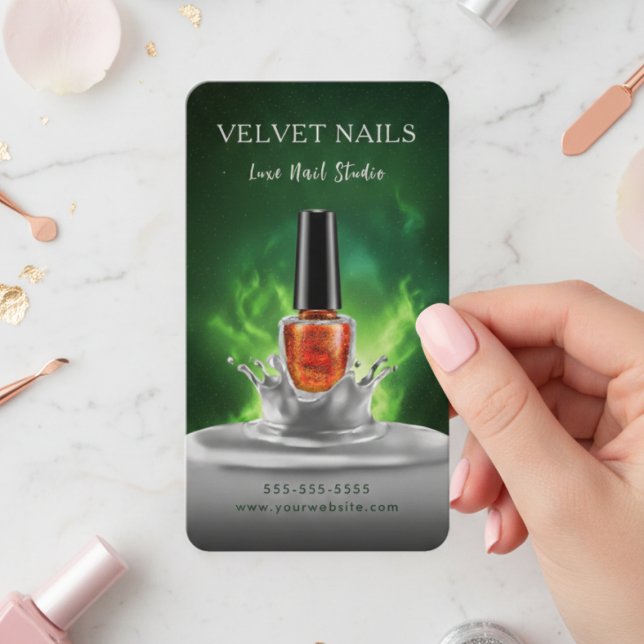 Modern Manikyr Konstnär Nagel Mörkgrön Orange Visitkort (Skapare uppladdad)