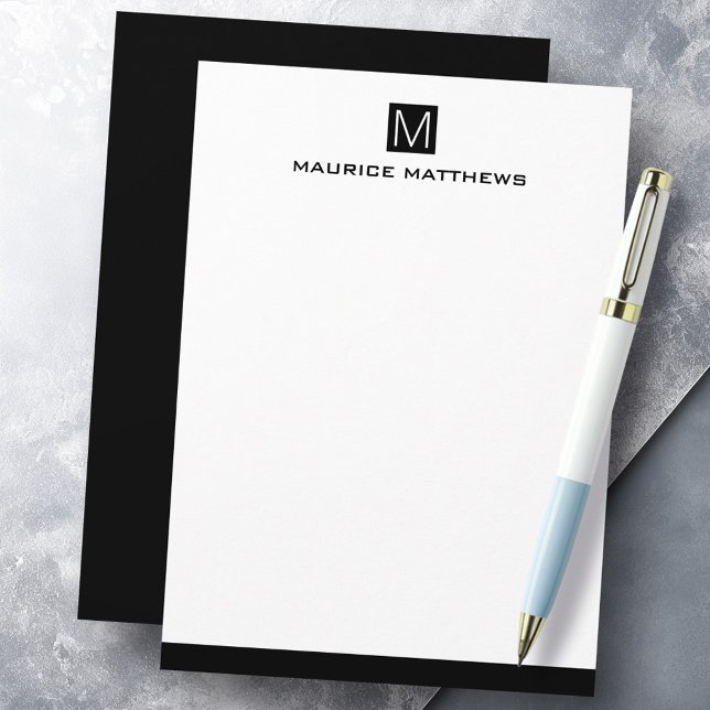 Modern mankulär monogram svart kvadrat med namn anteckningskort (Modern masculine monogram name black square flat note card)