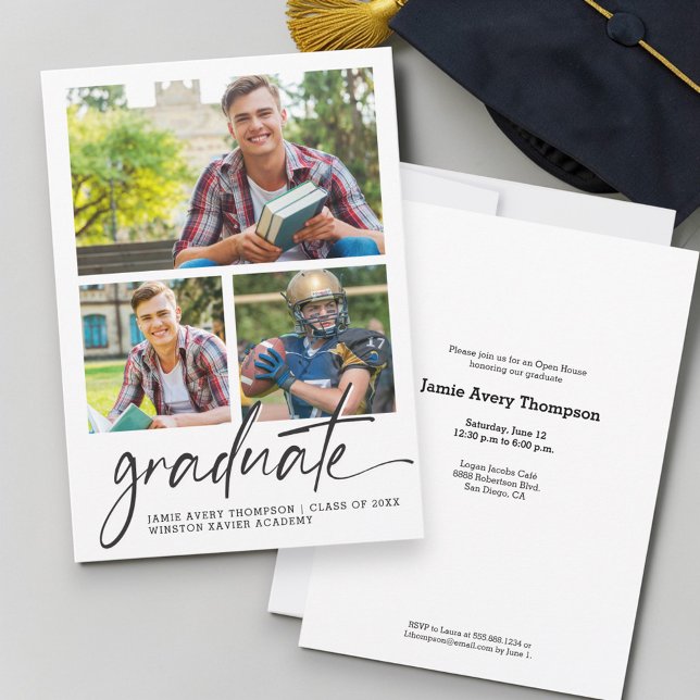 Modern Manlig Examen Foto Collage Öppen Dag Inbjudningar (male graduation party invitation, son graduation invitation, graduation open house invitation, male )